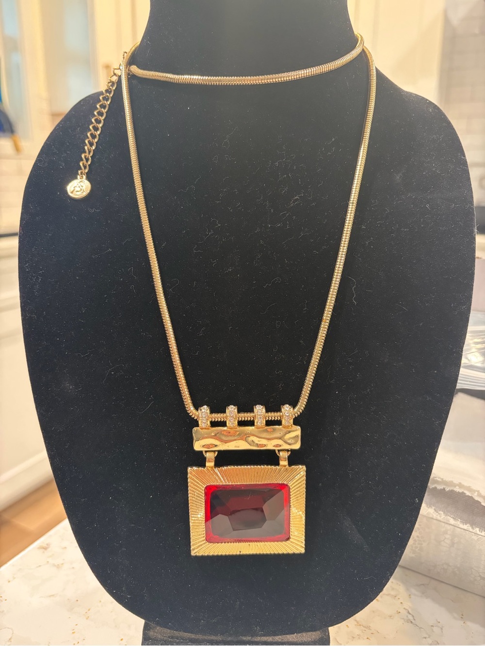 Authentic Vintage Amrita Singh Geometric Ruby Red Statement Necklace Gold Tone